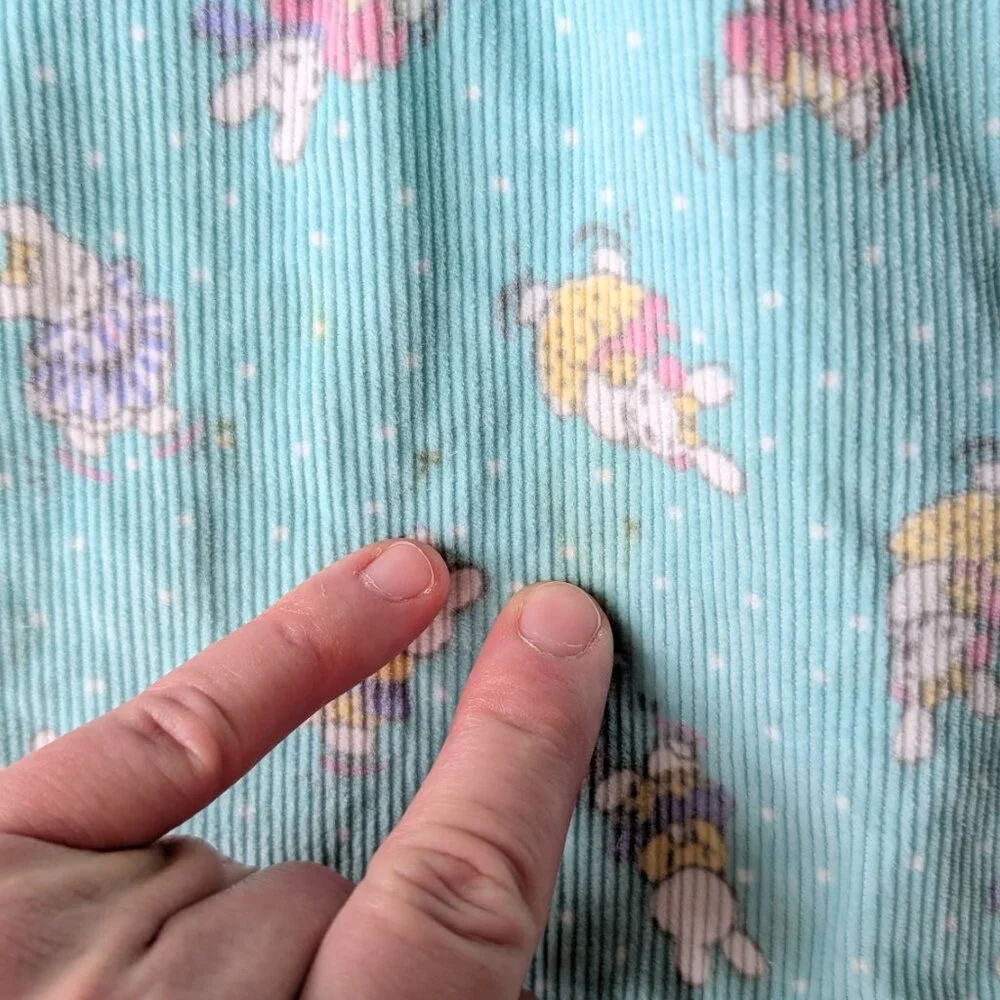 Vintage Oshkosh B'Gosh Teal Corduroy Bunny Rabbit Pattern Overall Dress size 4T